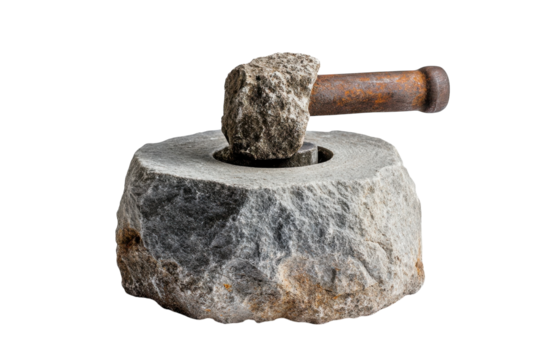 Ancient tool of craftsmanship featuring a stone mortar with a rustic pestle resting atop isolated on transparent background