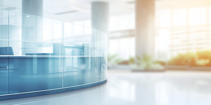 Blurred office interior background with a reception desk and copy space for text or title, with a soft