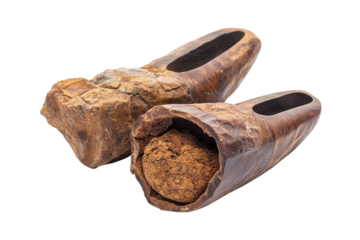 Ancient wooden shoes showcasing craftsmanship from a historical era, displayed with care isolated on transparent background