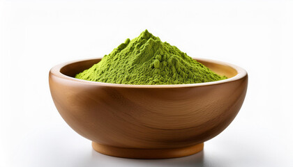 Matcha green tea powder in wooden bowl isolated on white background