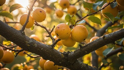 Sun-drenched golden apples hang from a tree branch in autumn.