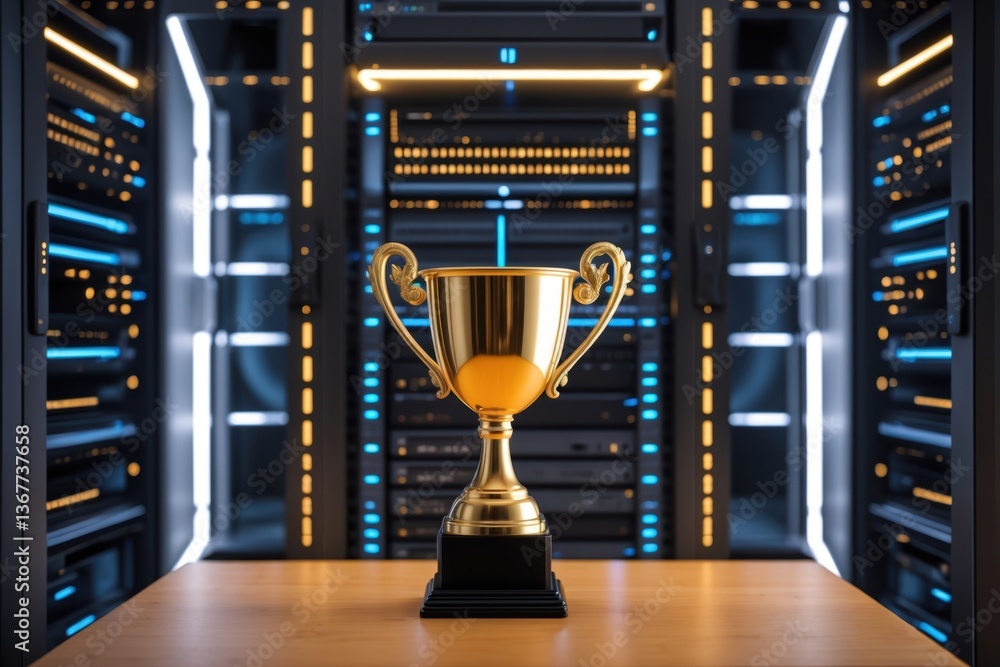 Poster a shiny golden trophy is displayed on a wooden table against a backdrop of illuminated server racks,