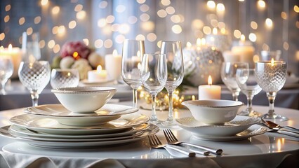 Luxurious Fine Dining Table Setting: Polished Silverware, Porcelain, Crystal
