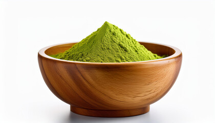 Matcha green tea powder in wooden bowl isolated on white background