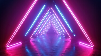 Futuristic neon triangle tunnel with glowing pink and blue lights.