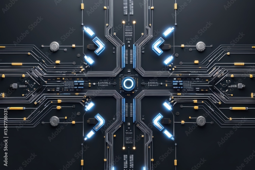 Poster abstract digital circuit board with glowing lines and geometric patterns against a dark background