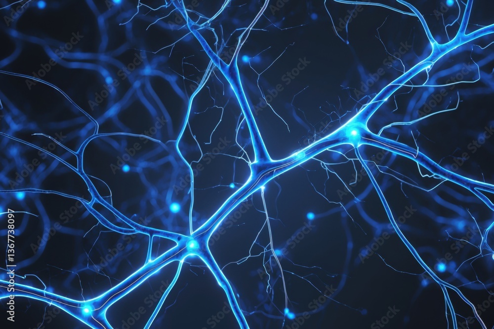 Poster abstract depiction of interconnected neural networks illuminated with blue and white hues, conveying