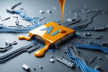 Fototapeta premium An abstract representation of artificial intelligence depicted with a microchip and orange fluid pouring onto circuits