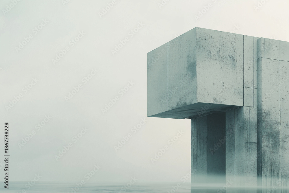 Poster minimalistic sci fi structure stands in misty, serene environment, evoking futuristic and mysterious