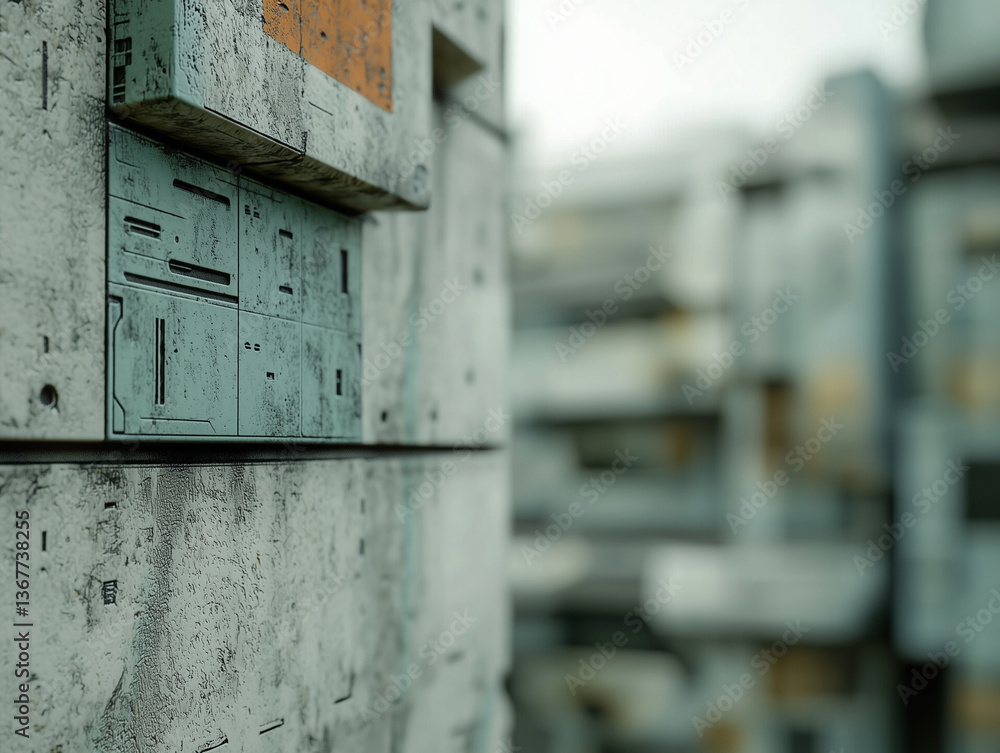 Poster close up of futuristic architectural facade with intricate geometric patterns and weathered textures, evoking modern sci fi