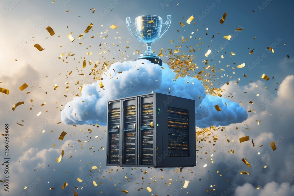 Poster a cloud server with glowing lights and a trophy hovering above, surrounded by golden confetti in a b