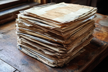 Stack of old papers on a table. The papers are yellow and brown and appear to be very old
