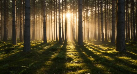 Naklejka premium 朝の光輝く神秘の森 木漏れ日と影の対比が美しい