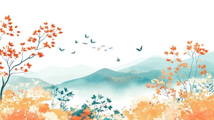 Serene Autumn Mountain Landscape: Watercolor Painting of Tranquil Nature Scene with Orange and Teal Hues