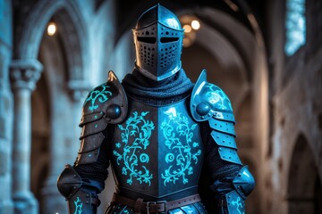 Elaborate suit of armor with intricate blue patterns, worn by a knight in a historic stone setting with arched ceilings