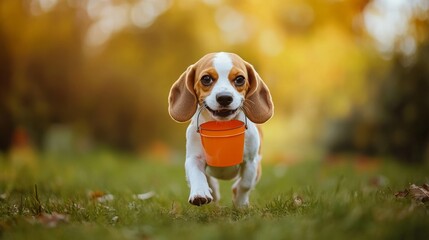 Adorable Beagle Puppy Carrying an Orange Bucket