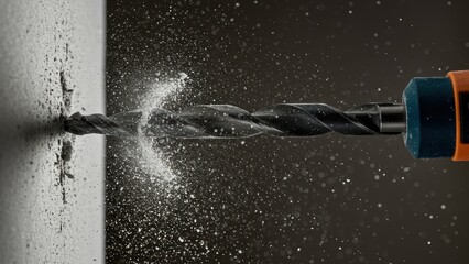 Obraz premium A close-up shot of a power drill drilling into a wall with dust particles flying.