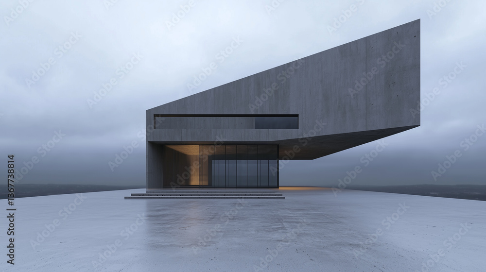 Poster modern minimalist concrete building with sharp angles and large glass windows, set against cloudy sky and reflective ground