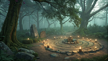 Sacred druid site with standing stones and burning candles