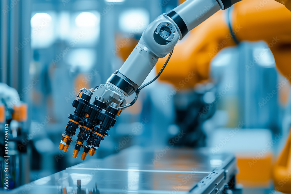 Aufkleber robotic arm in motion, precisely assembling components in modern industrial setting