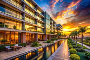Fototapeta premium Luxurious Hotel Exterior at Sunset - Architectural Photography