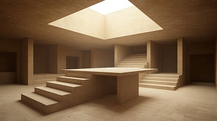 An abstract architectural interior with multiple steps and a skylight