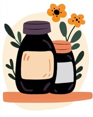Dark Bottles with Yellow Flowers and Green Leaves Illustration