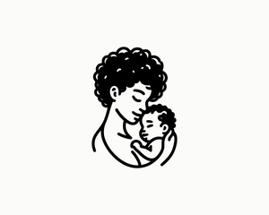 Happy Mother's Day Logo. Mother and Baby Cartoon Outline Vector Illustration. Loving Family Design Icon Template