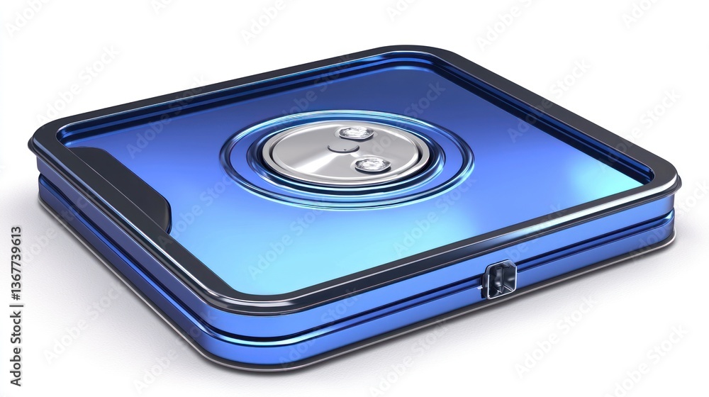 Poster sleek blue rectangular device with central circular feature