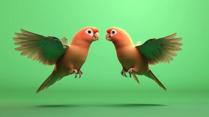 Two Peach-Faced Lovebirds in Flight Against a Green Screen