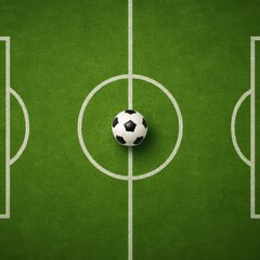 Soccer ball sports lies centered, above artificial turf with white lines, on the green soccer field