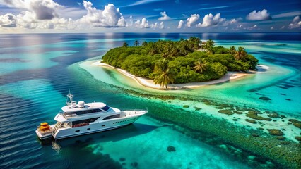 Obraz premium Luxurious Maldives Yacht, Crystal Clear Water, Coral Reefs - Tropical Island Paradise