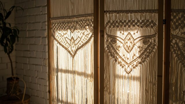 Close-up of a macrame room divider with sunlight casting warm shadows.