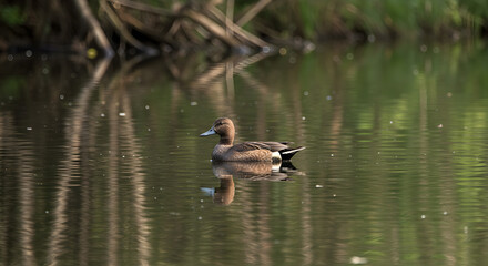 Fototapeta premium Serene Gadwall Duck Swimming Calmly on a Reflective Lake Surface