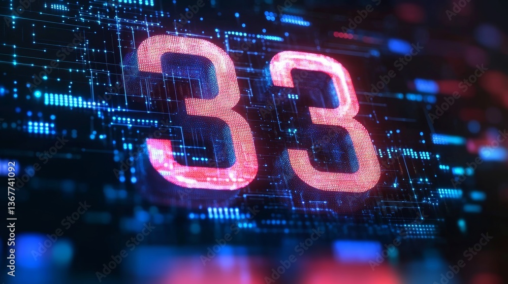 Poster glowing digital 3d number 33 in futuristic style on a digital abstract technology background