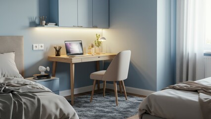 Cozy, neat bedroom interior with desk, bed, and soft, calming lighting.