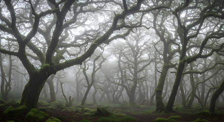 Fototapeta premium Eerie and mysterious scene of a forest with moss-covered trees shrouded in dense fog