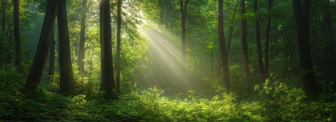 Fototapeta premium Sunlight streams through misty forest