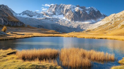 Fototapeta premium Golden Grass Surrounding Mountain Lake with Snowy Background