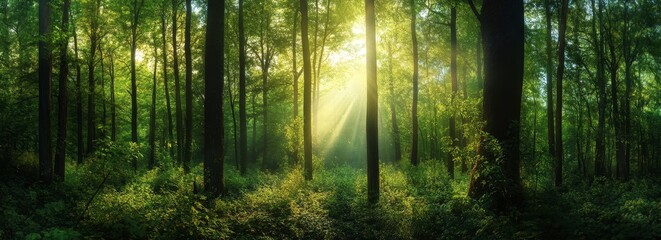 Naklejka premium Sunlight streams through lush forest