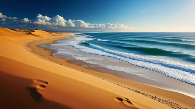 A stunning natural tableau is depicted, featuring meeting of sand dunes and ocean, dynamic coastal front, and peaceful merging of land and sea