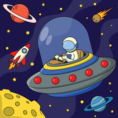 Hand drawn astronaut wearing space suit riding a space ufo on fire among planets in outer space