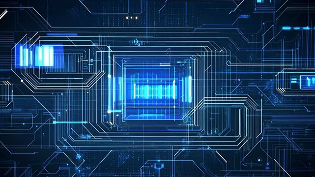 Blue glowing digital processor with abstract circuit lines and data flow elements on high-tech electronic motherboard

