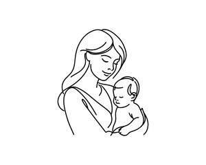 Happy Mother's Day Logo. Mother and Baby Cartoon Outline Vector Illustration. Loving Family Design Icon Template