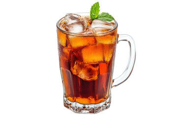 Refreshing summer drink of iced tea garnished with mint in a classic glass mug isolated on transparent background