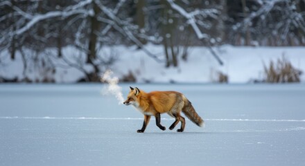 Fototapeta premium A red fox walks across a frozen lake in a snowy forest, exhaling vapor in the cold air