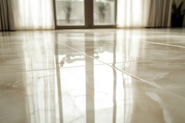 Gleaming marble tile floor reflecting light from windows and curtains, creating a bright and luxurious interior space