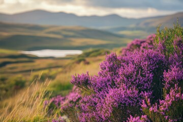 Fototapeta premium Purple Heather Blooms, Mountain Lake View