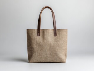Stylish Textured Tote Bag with Brown Leather Straps on a Minimalist Base