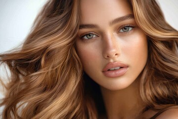 Obraz premium Close-up portrait of a fair-skinned woman with captivating green eyes and wavy brown-blonde hair styled in a glamorous fashion